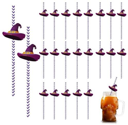 COSORO 24pcs Halloween Paper Straws Drink Accessories Witch Hat Pattern Cocktail Straw Juice Coffee Cold Drinking Straws for Restaurant Home Bar,Halloween Party Straw Drink Decorations