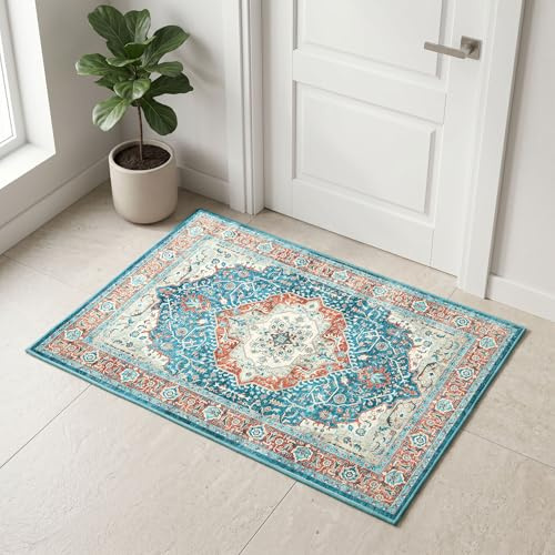 Aspire Homeware Machine Washable Area Rugs for Bedroom Small Orange Teal Rug 40x60 cm Low Pile Non Slip Bedside Rug, Entryway Floor Carpet Traditional Vintage Design Mat for Kitchen Bathroom, Regal