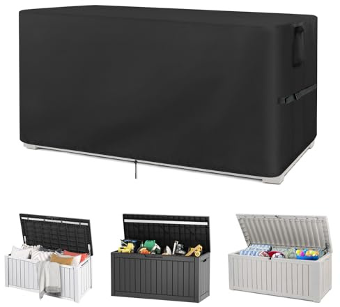 Iptienda Deck Box Cover Only Cover, Heavy Duty 420D Oxford Garden Storage Box Cover Waterproof with Air Vents & Bottom Drawstring, Outdoor Cushion Storage Covers Anti-UV with Buckles-(144x73x74cm)