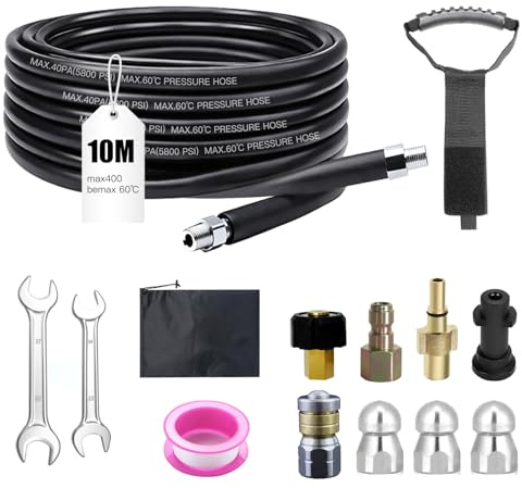 Rörrengöringsslang set 10 m – 400 bar/140 °C – kompatibel med Kärcher K2-K7 & Bosch – inkl. adapter och rengöringsmunstycken – för igensatta avlopp och rör – universellt användbar