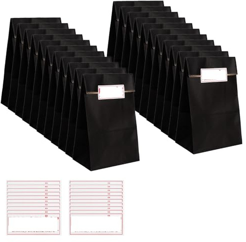 ZRUEWOT 30 Stück PapiertüTen Schwarz mit 30 aufkleber 24x12x8 cm KraftpapiertüTen Blockbodenbeutel mitgebsel TüTen GeschenktüTen Geeignet für SüßIgkeiten, Snacks, Kleine Geschenke und Brot