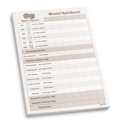papello Würfelblock A5 Groß – Ersatzblock, 4er-Pack | 4 Blöcke à 50 Blatt – Qualitätspapier für 1.200 Würfelspiele – Punkteblöcke fürs Familien-Spielevergnügen