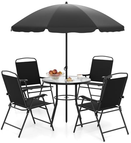 COSTWAY 6 Piece Garden Furniture Sets with Parasol, Patio Dining Set with 4 Folding Chairs & Tempered Glass Table, Outdoor Table and Chairs Set for Balcony Poolside (Black, 75kg Table, 160kg Chair)