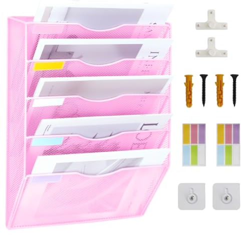 IOUGDSEC Hanging Wall Files Holder, A4 Mesh in Tray Hanging Wall File Holder Magazine Document Holder Mail Organiser Magazine Storage Rack, Storage Letter Trays Desktop File Organizer (Pink)