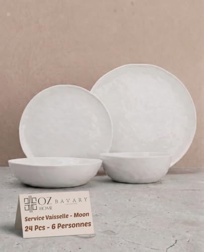 BAVARY Moon Porzellan-Geschirrset 24-teilig für 6 Personen – Weißes Tafelservice mit vom Mond inspiriertem Reliefdesign – Speiseteller, Dessertteller, Suppenteller & Schalen, spülmaschinengeeignet