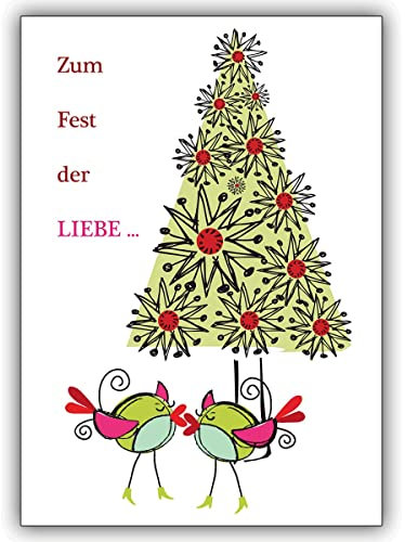 4er Set Coole Unternehmen Weihnachtskarten mit Vogel Päarchen vor Weihnachtsbaum, mit ihrem Innentext (Var1) Firmen Weihnachtskarte für Kunden, Mitarbeiter: Zum Fest der LIEBE.