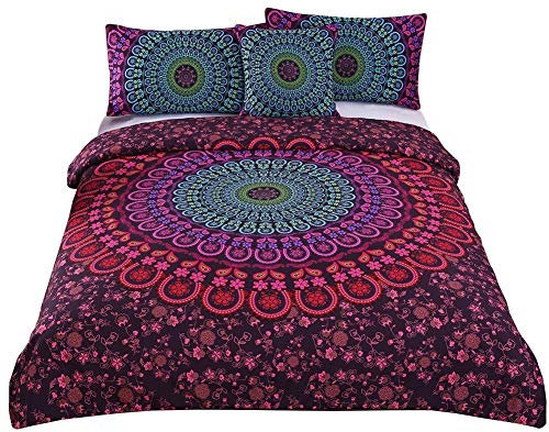 Andrui Bettwäsche Set Boho Mandala Blume Muster Bohemian Exotisch Rot & Lila Mehrfarbig 135x200cm Bettbezug und Kissenbezug Einzelbett Bettwäsche mit Reißverschluss Pflegeleicht Ganzjährig