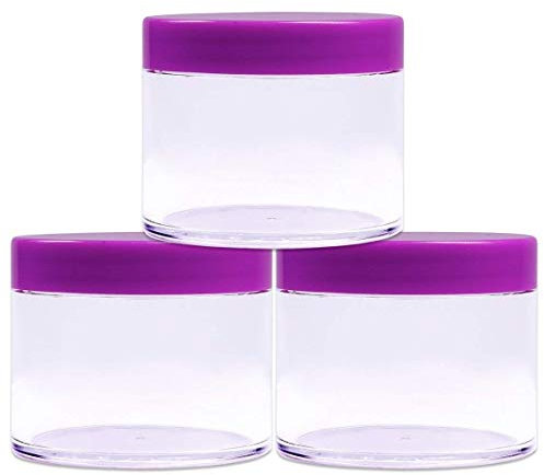Beauticom - Vasetti rotondi in plastica trasparente a prova di perdite, 60 grammi/60 ml, con coperchio viola, per conservare cosmetici, lozioni, creme e unguenti (3 barattoli + coperchi viola, viola)