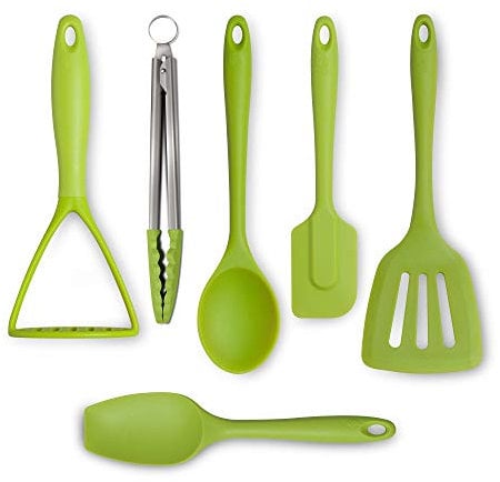 Zeal JSET46L Non-Stick Silicone Turner, Tongs, Masher, Spatula Cooks Spoon 6-Piece Set-Lime