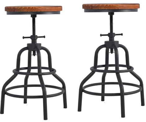 Diwhy Sgabello da bar industriale vintage, sgabello da cucina regolabile in altezza con vite, sgabello girevole da bar, sgabello in legno e metallo, 68 cm, completamente saldato, set di 2 (piano in