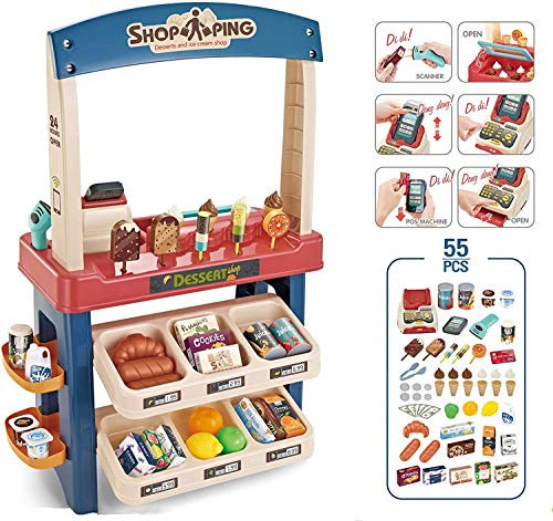 Delex Ice Cream Desert Shop 55 Piece Grocery Supermarket Pretend Playset With Scanner Cash Register Light & Sound