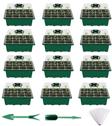 Fuuner Bac à semis, Lot de 12 Pièces de Germination à 144 cellules Serre Interieur Plateaux de Culture, Serre Intérieure Pépinière Boîte Propagateur Jardin, Bac Culture avec Couvercle et Ventilation