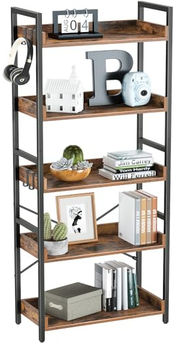 Rolanstar Bücherregal 5 Ebenen mit 3-Seitigem Schutzrand, Industrielles Design, Stabiles Holzregal für Wohnzimmer, Büro, Vintage-Look