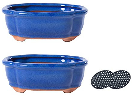 Jinfa Bonsai Schale Keramik Bonsai Töpfe mit Entwässerungslöchern | Blau | 2 Töpfe + 2 Drainagegitter
