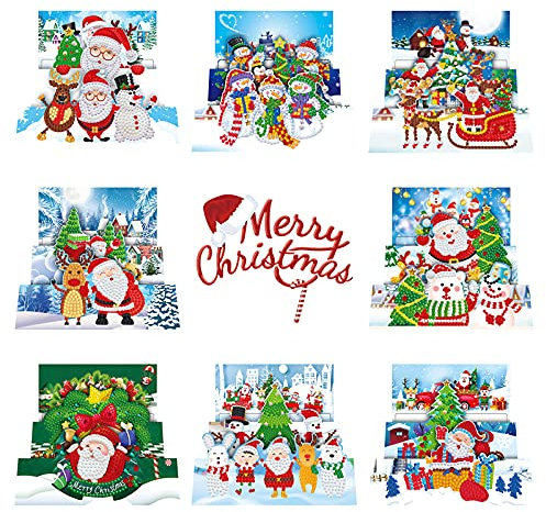 8 Pack Weihnachtskarten 5D DIY Diamantgemälde Geschenkkarte DIY Diamant Painting Weihnachtskarten mit Weihnachtsmann Weihnachtsbaum Schneemann Grußkarten DIY Geschenk für Urlaub Freunde Familie