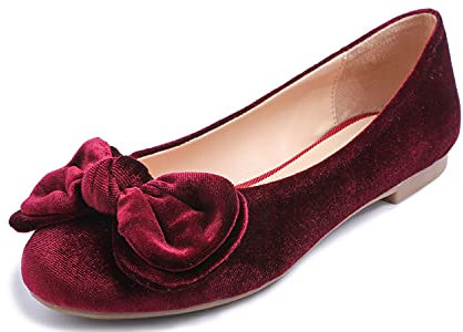Feversole Women's Round Toe Cute Bow Trim Ballet Flats Dolly Shoes Burgundy Velvet Bow 6.5 UK