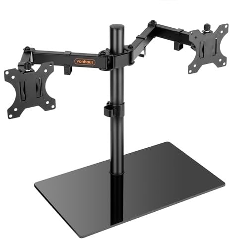 VonHaus Dual Monitor Stand for 13-27 Screens, Twin Monitor Mount with Tempered Glass Base, Height Adjustable, Easy Assemble Stand with Tilt, Rotation & Swivel Arms, VESA: 75x75 & 100x100mm
