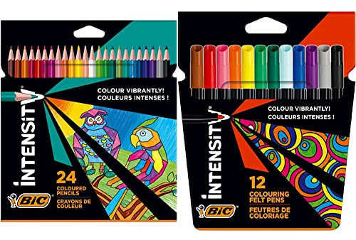 BIC Intensity Buntstifte, Dreikant-Aquarellstifte, Malstifte zum Malen in 24 Farben & Filzstifte, zum Malen für Erwachsene und Kinder, in 12 auswaschbaren Farben, mit stabiler Spitze, im Karton Etui