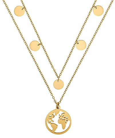 Heideman Halskette Damen Weltkugel mit 5 Plättchen aus Edelstahl gold farbend poliert Kette für Frauen vergoldet