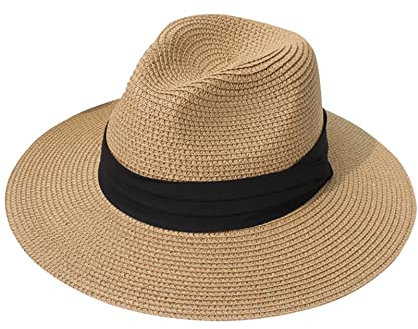 Yutdeng Chapeau de Panama Femme Homme Fedora de Paille Chapeau de Soleil Été Léger Respirant Plage Ajustable Hat Bonnet à Large Bord à Enrouleur Chapeaux Jardin Voyage Kaki