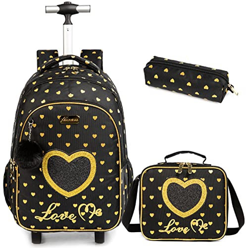Egchescebo Schultaschen Kinder Rollen Rucksack für Mädchen Kinder Gepäck Koffer Mit Rädern, Schwarz23-3-6, 17, Reiserucksäcke
