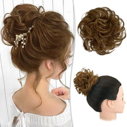 RUWISS Unordentlicher Haarteil 100% Echthaar Rose Dutt für Frauen Echthaar Scrunchies Hochsteckfrisur Haarteile Gelockt Bun Verlängerung Pferdeschwanz Unordentlicher Brötchen(Hellbraun)