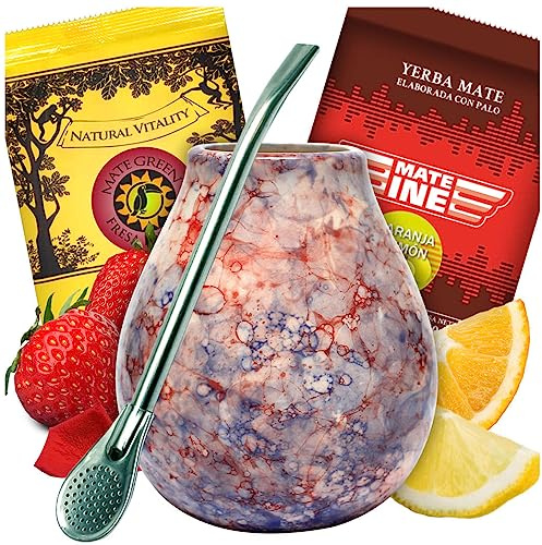 Mate-Tee Mate Green Set | Keramik Mate Tee Tasse Caleidoscope becher 350ml | Brasilian Yerba Mate-Tee 2x50g mit Frucht und Krauter loose leaf | Stahl Trinkhalm Bombilla
