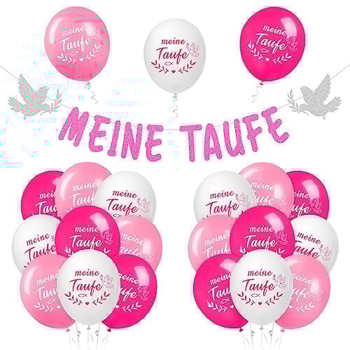 Bluelves Taufe Deko Rosa für Mädchen - 18 PCS Luftballons (12 Zoll) + Girlande, Glitter Set für Konfirmation