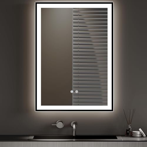 Warmiehomy Bathroom Mirror with LED Lights,Rectangle 500x700mm Illuminated LED Bathroom Mirror with 3 Colour Dimmable Lights Demister Pad Touch Control,Black Frame