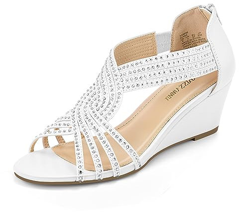 PIZZ ANNU Womens Sandals Mid Wedge Heel Sparkly Glitter Shoes for Ladies Strappy Rhinestones Bridal Wedding Prom Party White Size 7