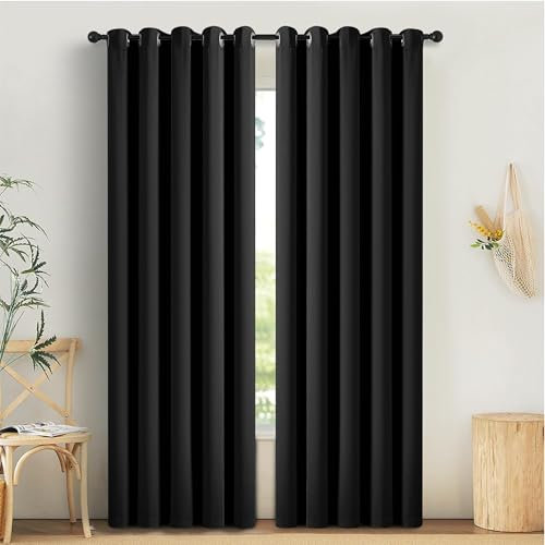 AMEHA Blackout Ring Top Curtains for Bedroom Thermal Insulated Super Soft Window Treatment 66x90 Drop Inch Light Blocking 2 Panel with Tiebacks, Black