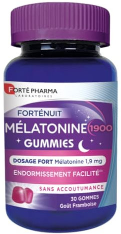 Forté Pharma - Mélatonine 1900 Gummies sommeil - Melatonine 1,9 mg a macher - Complement Alimentaire Sommeil Adulte, Endormissement facilité, Décalage horaire, douce nuit - 30 gommes, 1/soir