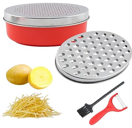Rallador de queso con recipiente y cepillo de limpieza y pelador, caja de rallador de queso, rallador de limón, rallador de ajo, ralladores para picador de mano de cocina y peladores (rojo + plateado)