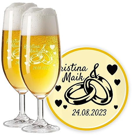LALALO Leonardo Hochzeit Bierglas Geschenk-Set (2 St.) graviert, Biertulpe/Pilstulpe mit Gravur personalisiert als Hochzeitsgeschenk, Hochzeitstag, Standesamt (Ewigkeitsringe)