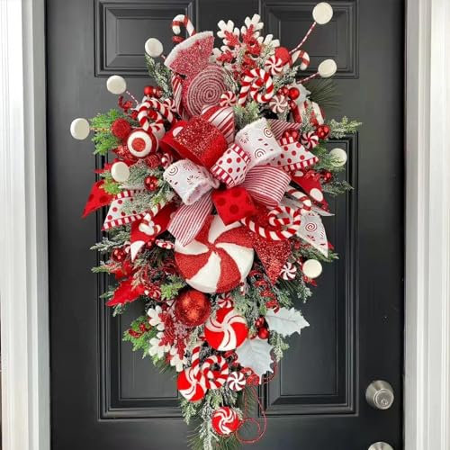 Julyue 2023 Christmas Wreath for Front Door, Red White Teardrop Swag with Candy Cane Christmas Stairway Decorations Xmas Swag Wreaths for Holiday Wall Door Window Decor(A)
