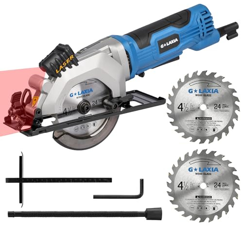 G LAXIA Mini Circular Saw Corded, 4Amp 3500RPM Compact Saw with Laser Guide, Rip Guide, Vacuum Adapter, Electric Circular Saw with 4-1/2 24T TCT Blades for Wood, PVC, Plasterboard, Drywall