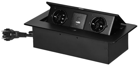 Miratic Multipresa a Scomparsa con Bordo Piatto Ciabatta Estraibile Presa da Incasso Retrattile Vari Colori Cavo da 1,5m 2x2 Poli + Terra (Schuko) 2xUSB (tipo A e C; 5V/3,6A) (nero)