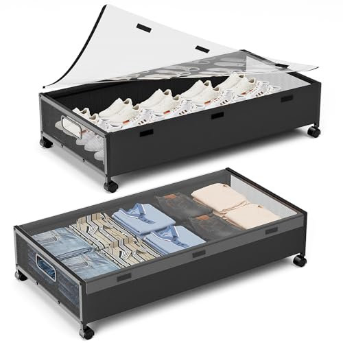 KITHELP Under Bed Storage Containers with Wheels, 2 Pack Underbed Shoe Storage Organizer with Removable Lids, Large Rolling Under Bed Storage Dresser Drawers for Clothes Toys Shoes Blankets
