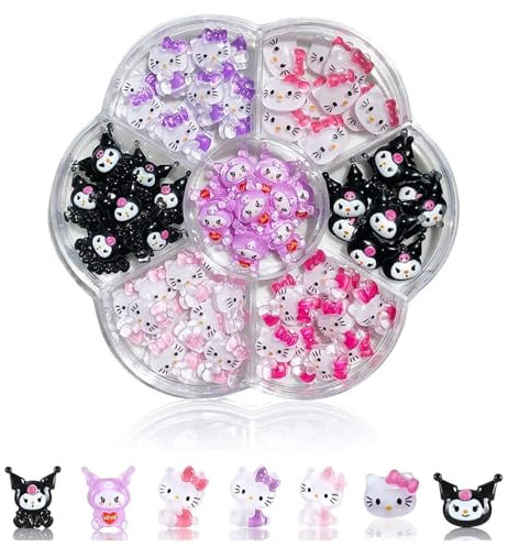 DMQ 3D Hello Kitty Nail Charms, 77Pcs Cartoon Kitty Cat Nail Art Charms, Kawaii Nail Decorations for Nail Art Supplies, 3D Cute Nail Gems Nail Charms Nail Decorations for Nail Art