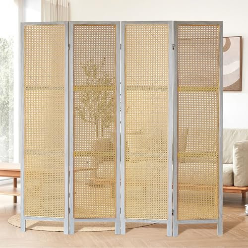 BMWEI 4 Panel Rattan Room Divider, 5.6 Ft Tall Foldable Wooden Privacy Screens, Freestanding Divider for Home Office, Bedroom, Bathroom, Dressing Room (White)