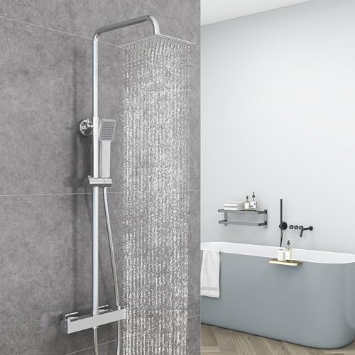 AICA Ensemble de Colonne de Douche Thermostatique pour Salle de Bain, Robinet de Douche Thermostatique, 3 Modes de Pulvérisation, Chromé, Hauteur Réglable 735 mm-1170 mm (Carré 1, argent)