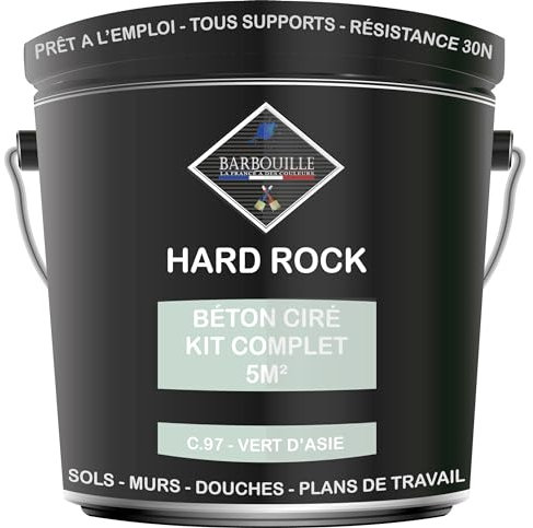 Béton Ciré Kit 5m² finit - HARD ROCK - 2 couches de 5m² - Prêt à l'Emploi - Imperméable - Adhérence sur Tout Support - Intérieur et Extérieur - Instructions incluses - C-97 - VERT D'ASIE - BARBOUILLE