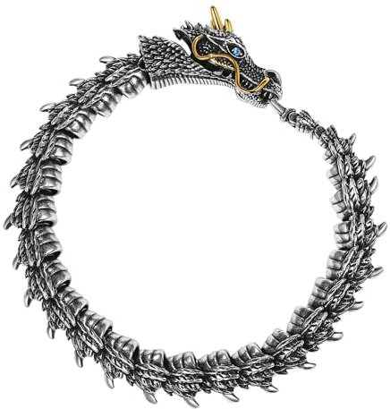 JewelryWe Drachen Schlangen Armband für Herren: 3D Silbernes Drachenkettenarmband mit golden Hörner & blauen Augen Gothic Wikinger Edelstahl Flexible biegsame Armkette Armreif Punk Biker Schmuck