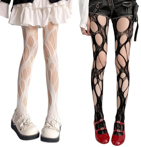 AKAMAS 2 Paar Damen Hohe Taille Netzstrümpfe,Sexy Spitze Aushöhlen Gemusterte Strumpfhosen,Schiere Nylon Mesh Fischnetz Leggings,Punk Y2K Gothic Party Cospaly Durchsichtige Zerfetzte Strümpfe