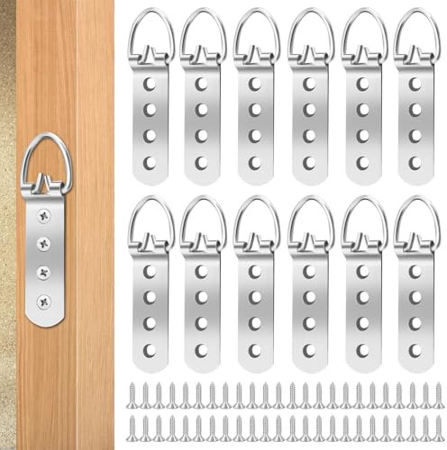 JIANGZHIB Crochets Anneaux en D, 12 Pièces Accroche Tableau Avec 48 Pièces Vis Crochet Pour Cadre Photo Kit, Lourd Accroche Cadre pour Fixation Cadres Photos Miroirs Œuvres art Accrocher des Horloges