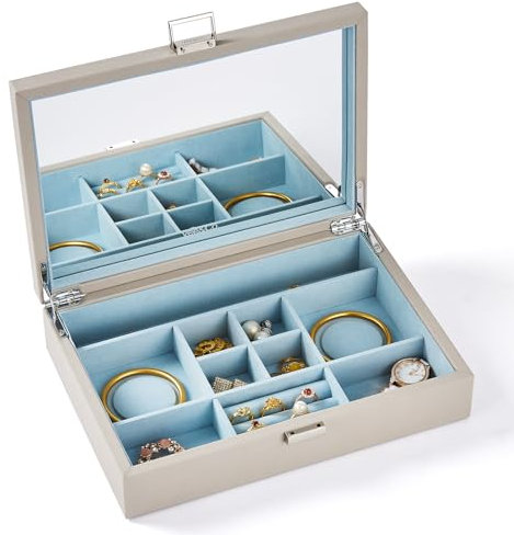 Vee Schmuckkästchen,Schmuckaufbewahrung mit großer Spiegel,Schmuckbox Schmucktablett mit Deckel,PU Leder Schmuck Organizers,Geschenkbox für Damen Mädchen Frauen
