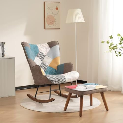 BTM Rocking Chair for Nursery, Rocking Chair with with Footstool, Iron and Walnut Feet, Single Recliner Lounge for Living Room Bedroom Office, Colorful