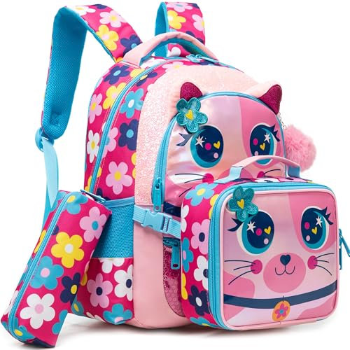 Meetbelify Niedliche Rucksäcke für Mädchen, Schultasche, Mädchen, Rucksäcke im Alter von 8–10 Jahren, mit Lunchbox, Kinder-Büchertaschen-Set, Bell Cat, Modern