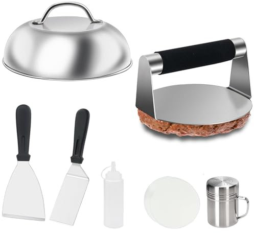 Hmseng Burger Press Kit, Burger Making Kit, Grill Spatula, Spice Dredge Shaker and Squeeze Bottle, Wax Patty Papers,for BBQ Cooking, Beef Burger,Griddle Accessories Kit