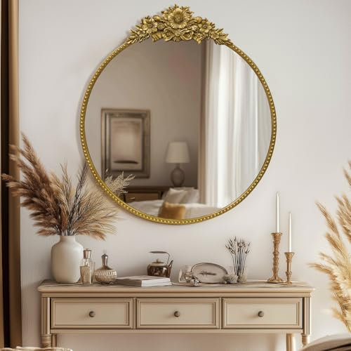 G-LEAF 60X60CM Retro Gold Runder Barock Spiegel, 24 inch Antik HD Runder Wandspiegel mit Metallrahmen für Badezimmer, Waschtisch, Wohnzimmer, Schlafzimmer, Eingang Wanddekoration Heimdekoration